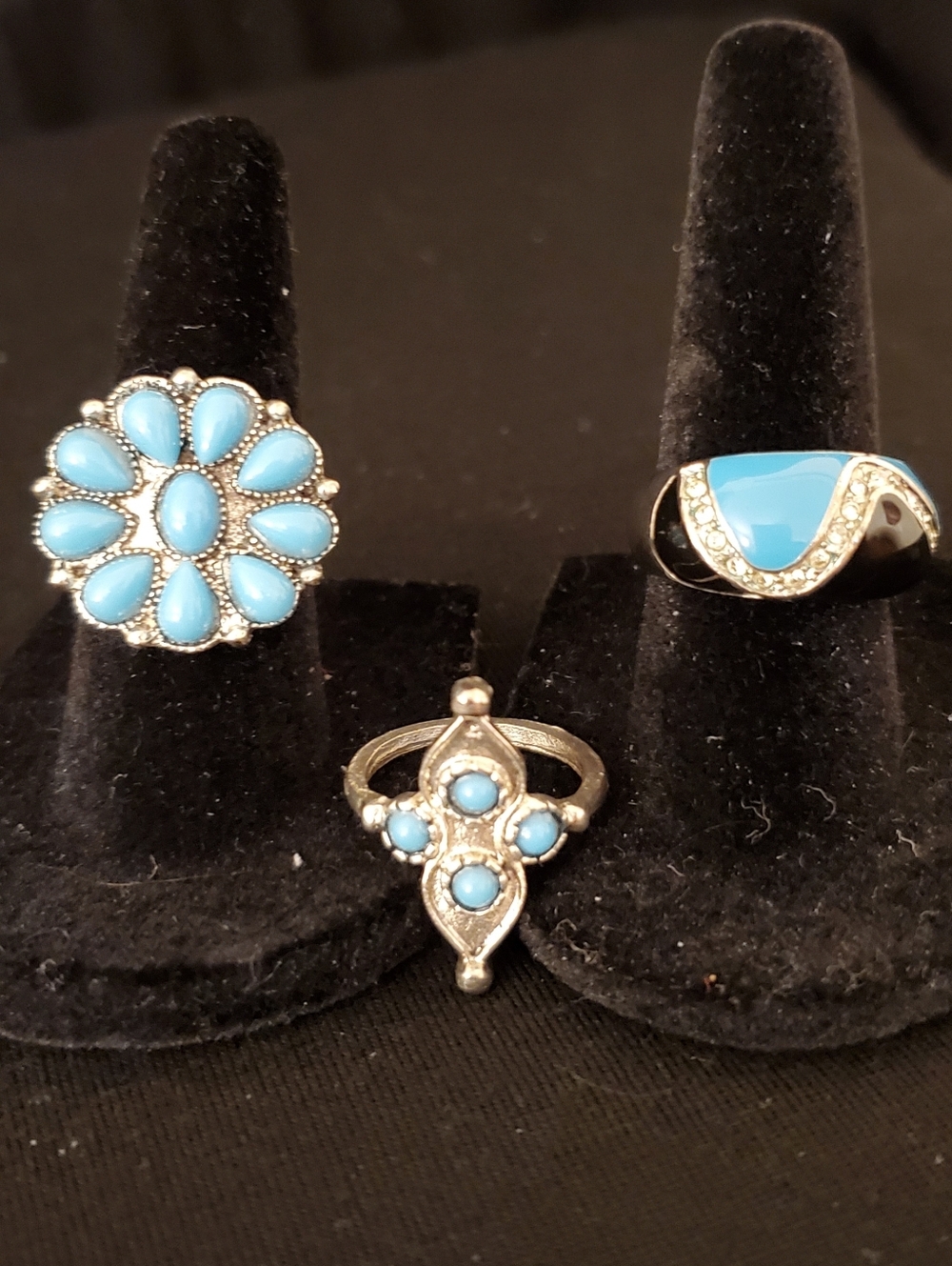 VINTAGE 3-PIECE TURQUOISE & BLUE ENAMEL RING BUNDLE  SIZES 5& 6 - 18 GRAMS TOTAL